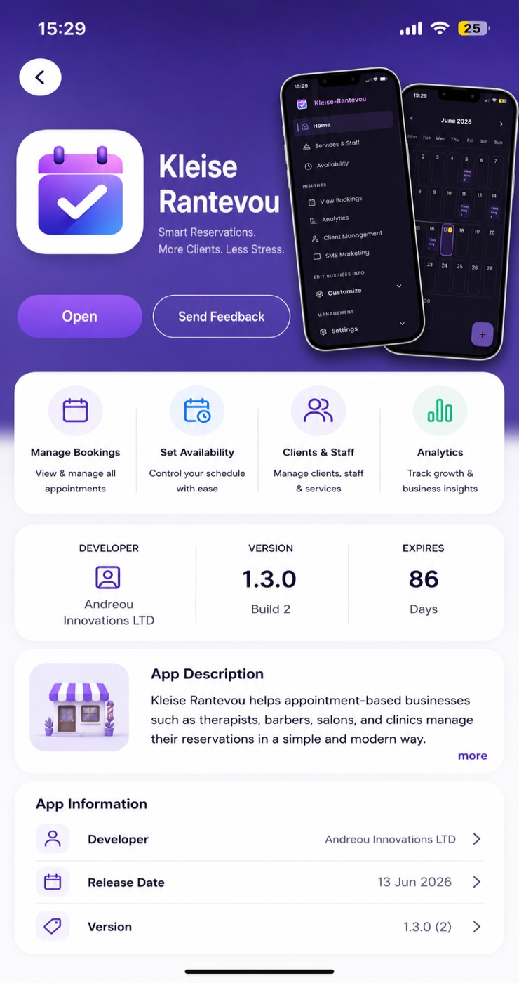 Kleise Rantevou Mobile App for iOS and Android